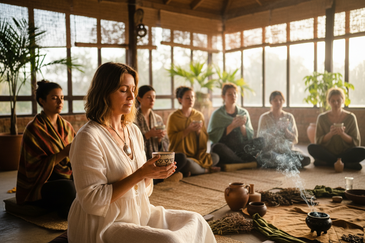 cacao ceremony, 45 jährige frau mit cacao tasse, im hintergrund andere mennschen