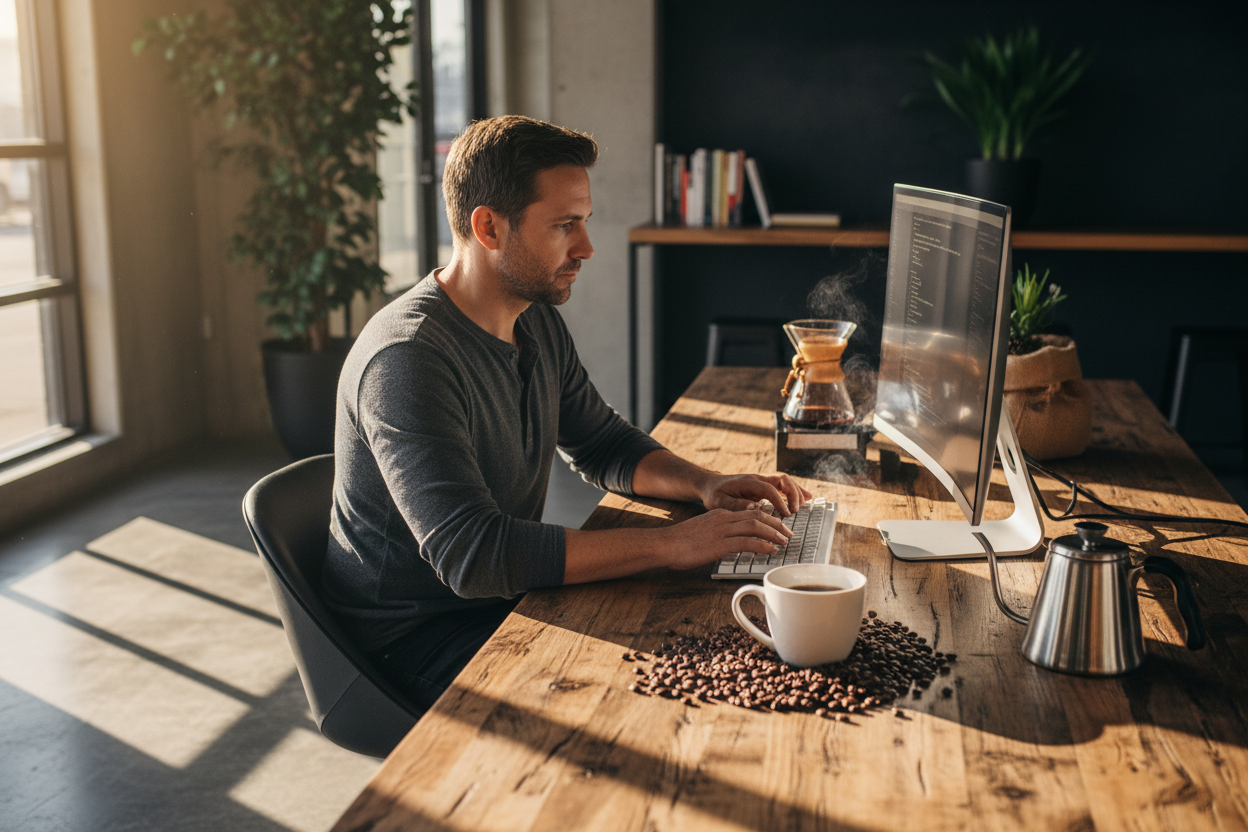 kaffee, kaffeebohnen, ein mann vor dem computer, er arbeitet sehr konzentriert